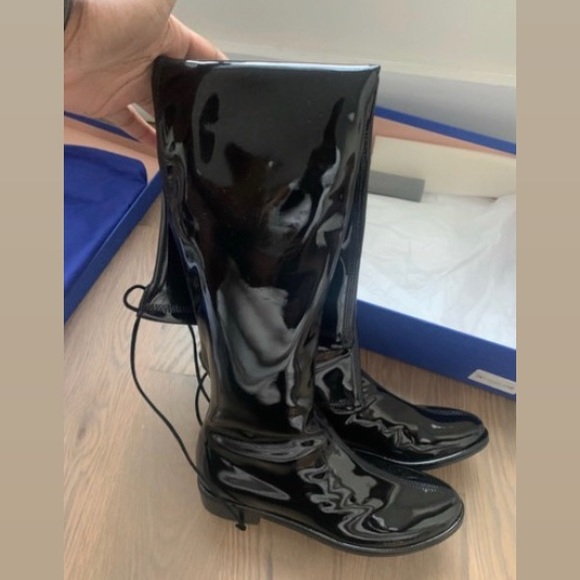Stuart Weitzman Black Lowland Patent Vinyl Knee High Boots - Picture 2 of 4
